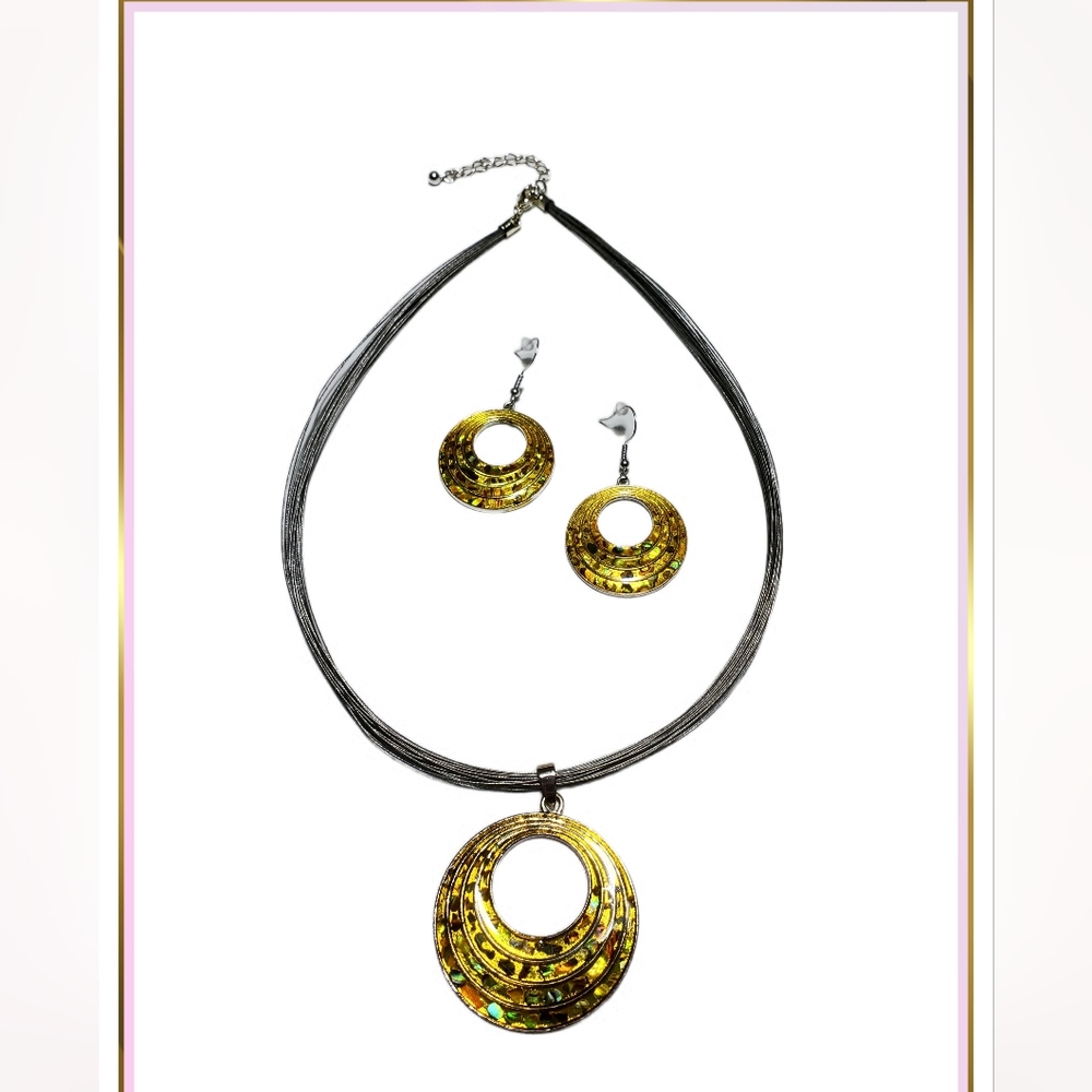 80s Vintage Marks & Spencers Gold Hoop Resin Pendant Necklace Earring Jewelry
